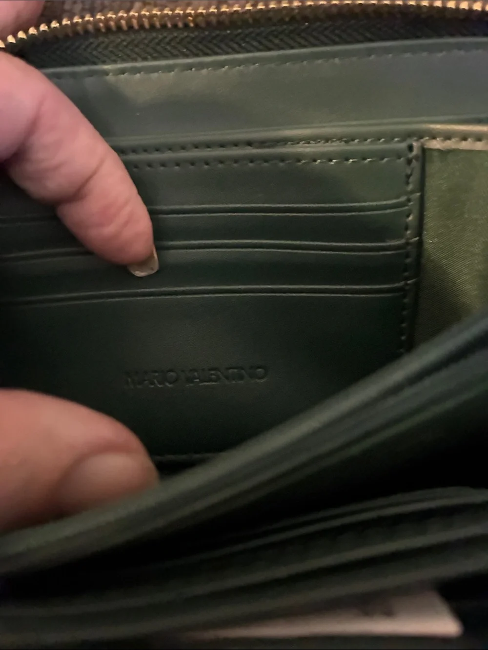 Mario Valentino Dark Green Embossed Zip-Around Wallet with Gold Logo